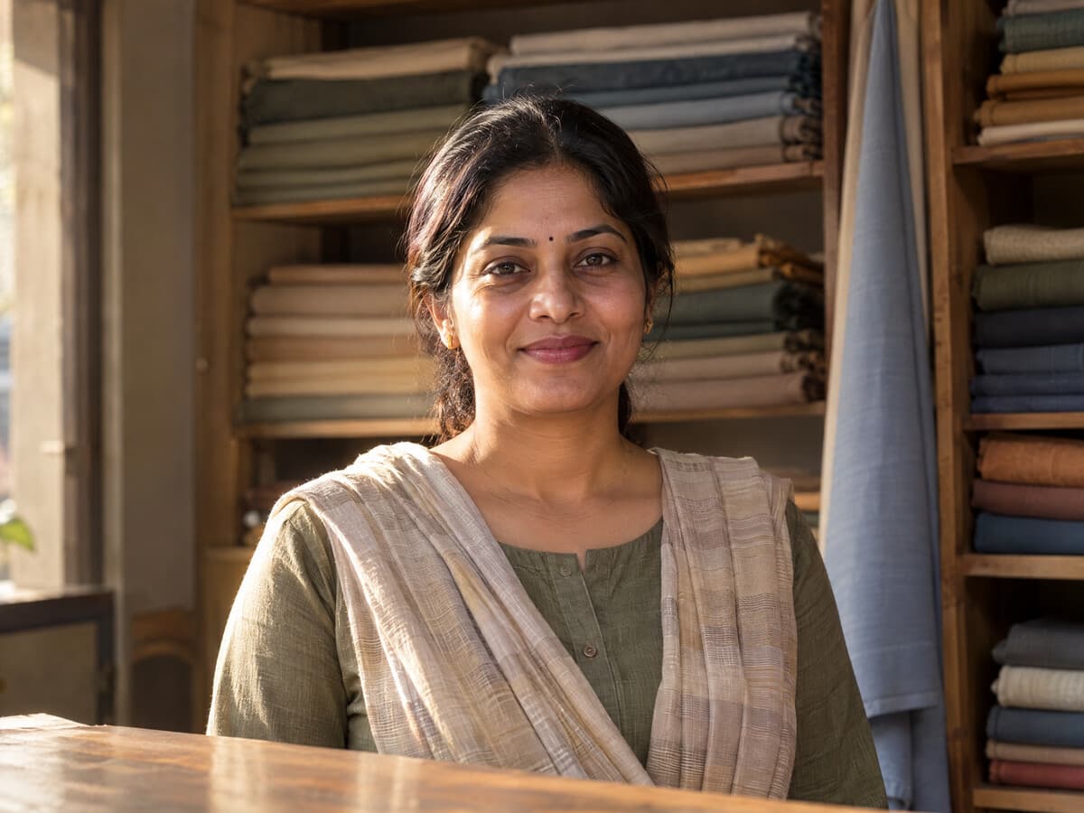 Cloth shop owner at the counter
